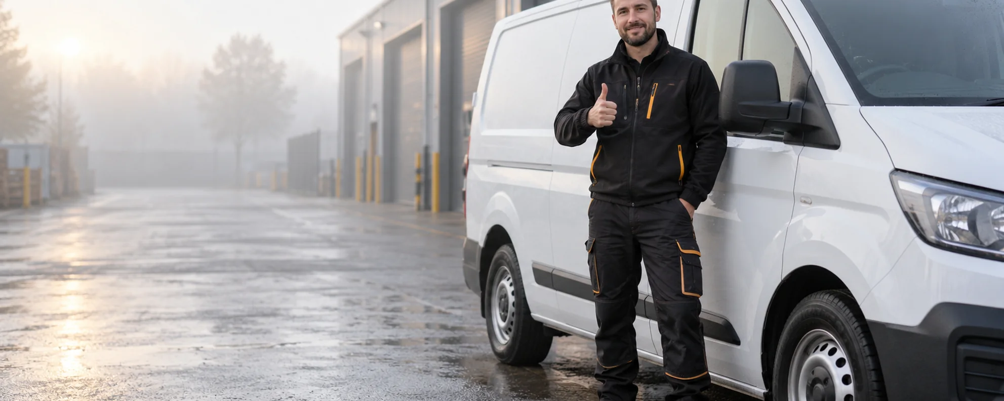 Illustrative AI-generated image of a multi-trade worker beside an unbranded white work van, giving a thumbs-up.
