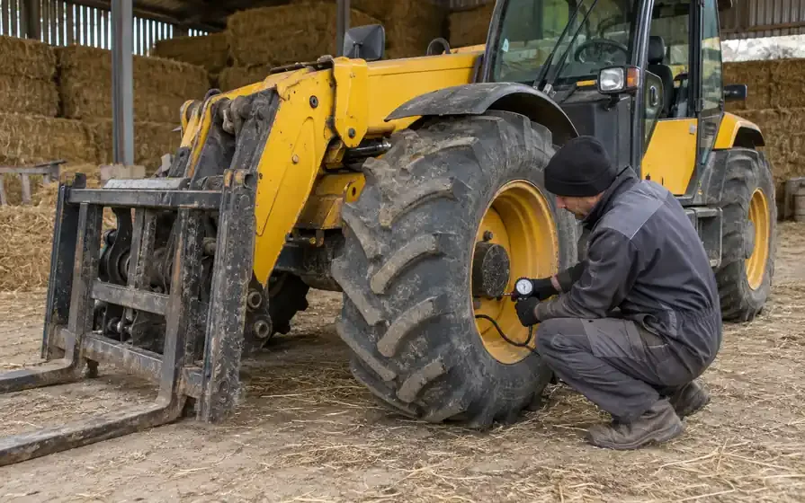 Technician checking front tyre pressure on an agricultural telehandler beside stacked hay bales.