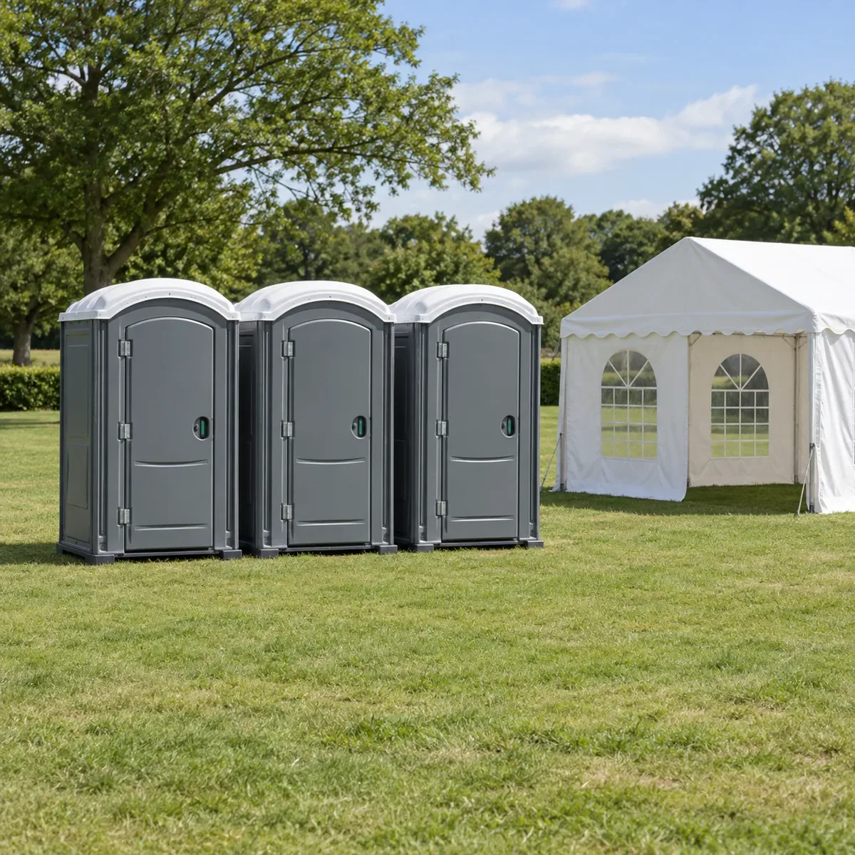 Illustration of three temporary toilet cabins beside an event marquee
