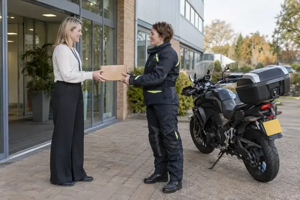 a motorcycle courier preparing or handing over a suitable consignment