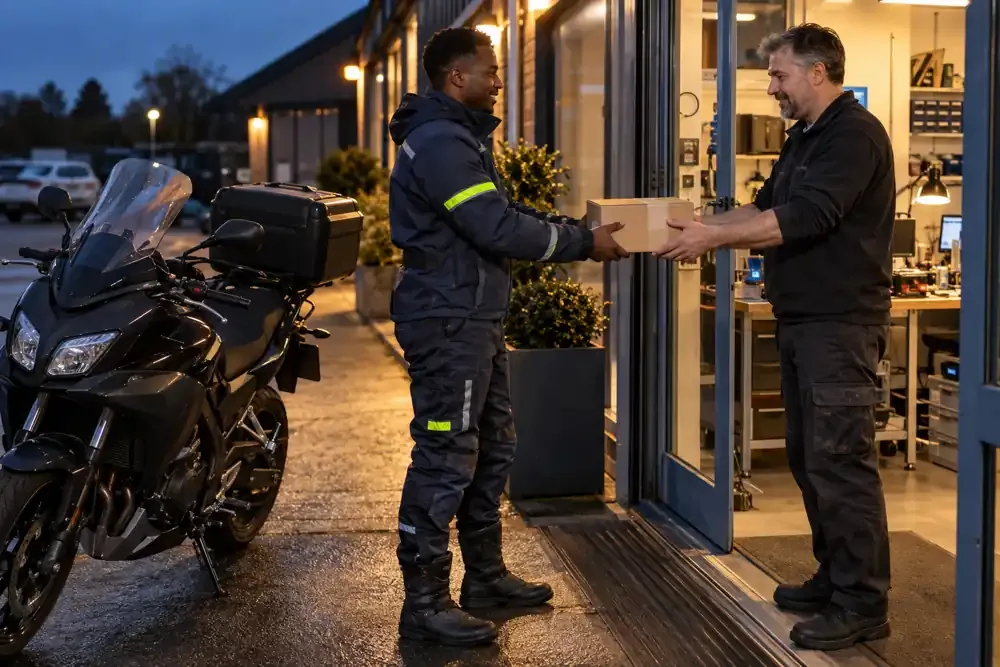 a motorcycle courier preparing or handing over a suitable consignment