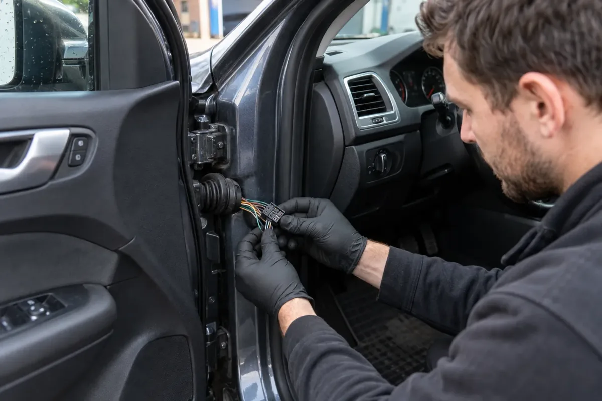 Technician inspecting door wiring for a central-locking fault.