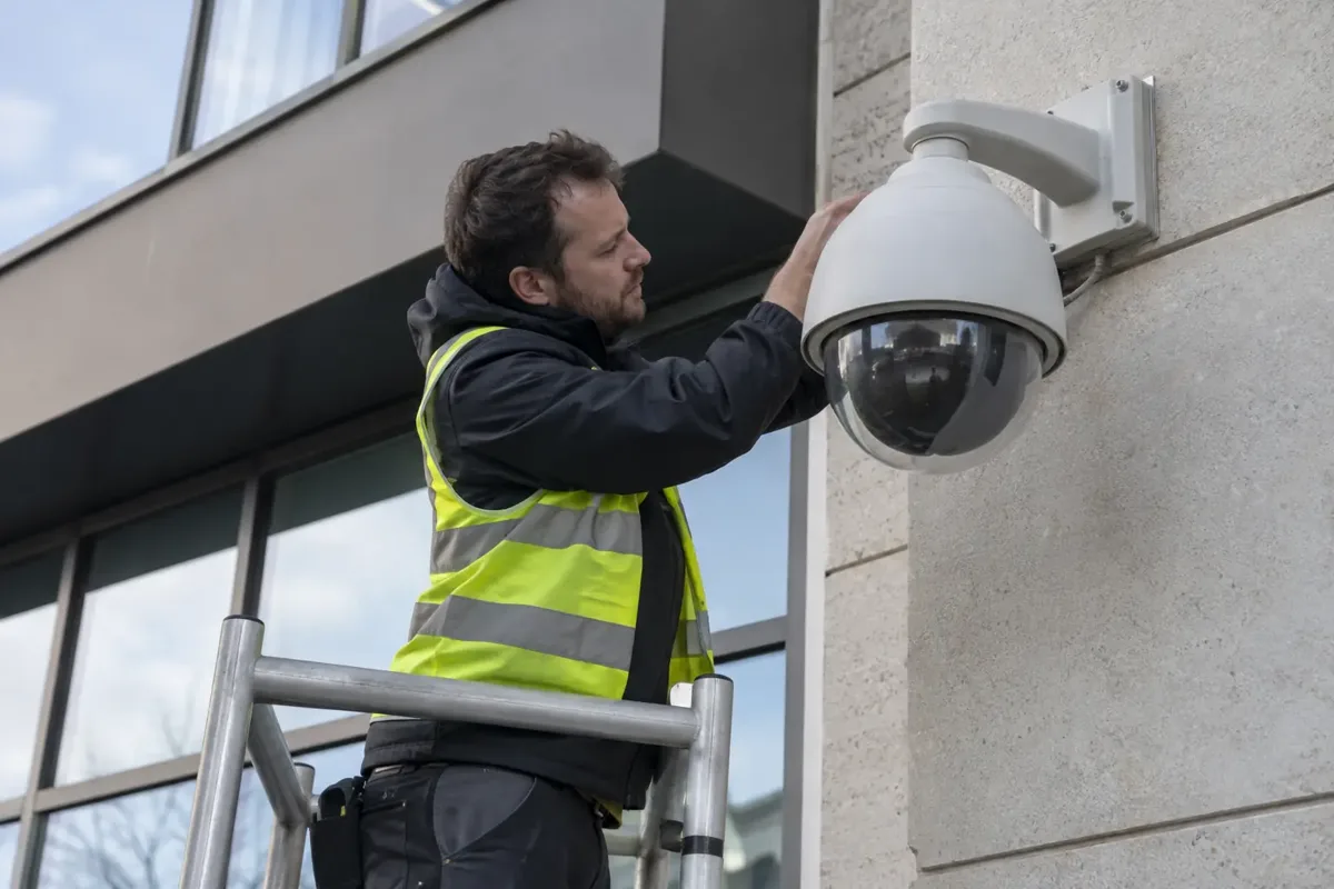 Technician standing on a safe low podium platform beside a large wall-mounted outdoor PTZ dome camera, adjusting its mounting bracket. Camera has a clear smoked hemispherical dome and motorised pan-tilt housing. UK commercial building exterior.