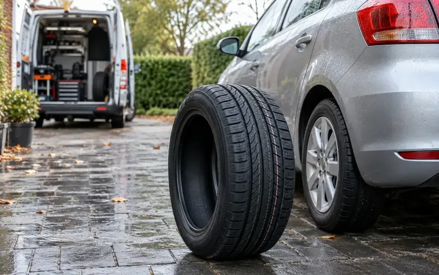 All-season tyre beside a hatchback on rain-damp paving