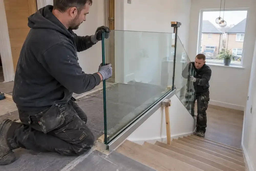 Glaziers installing a glass panel in an internal opening