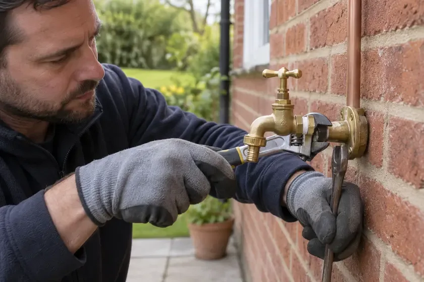 Plumber tightening a new brass outside tap into a wall-mounted backplate elbow.