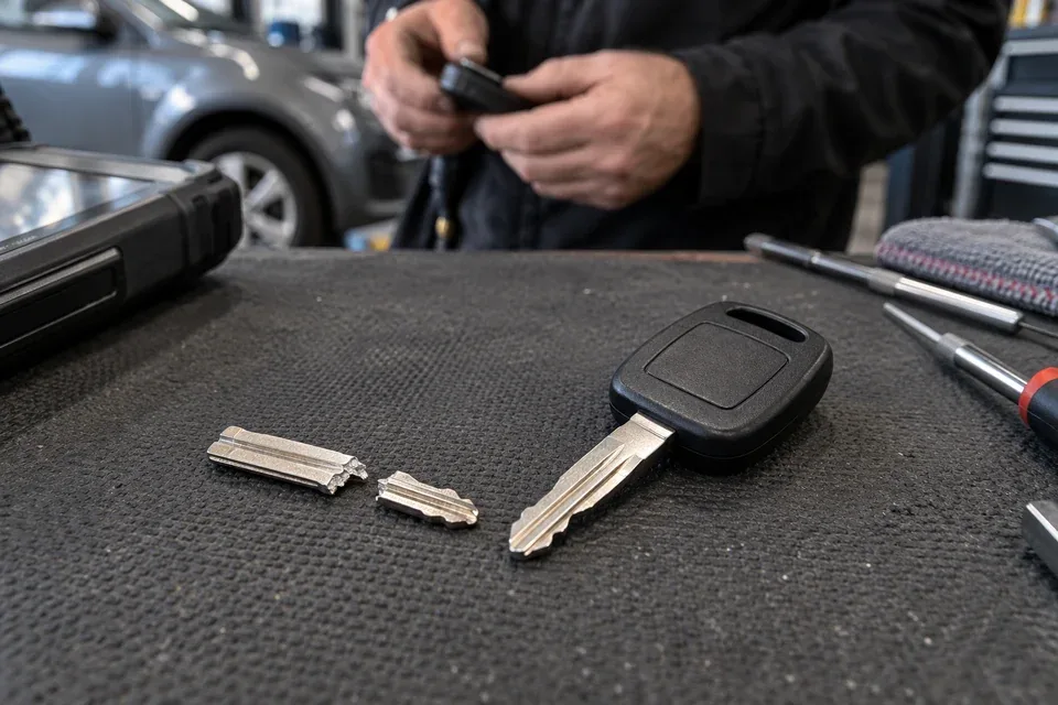 Broken car key blade and a finished replacement key on a workbench