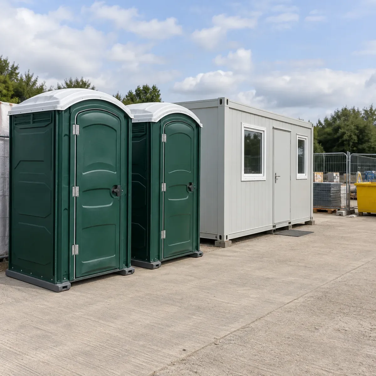 Illustration of green portable toilets installed beside a temporary site office