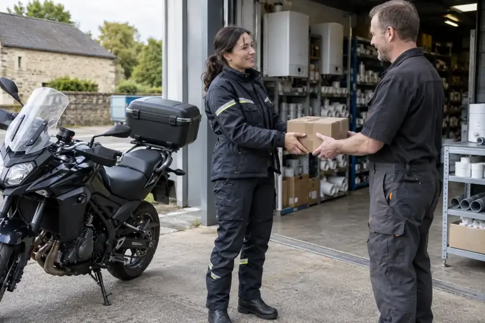 a motorcycle courier preparing or handing over a suitable consignment