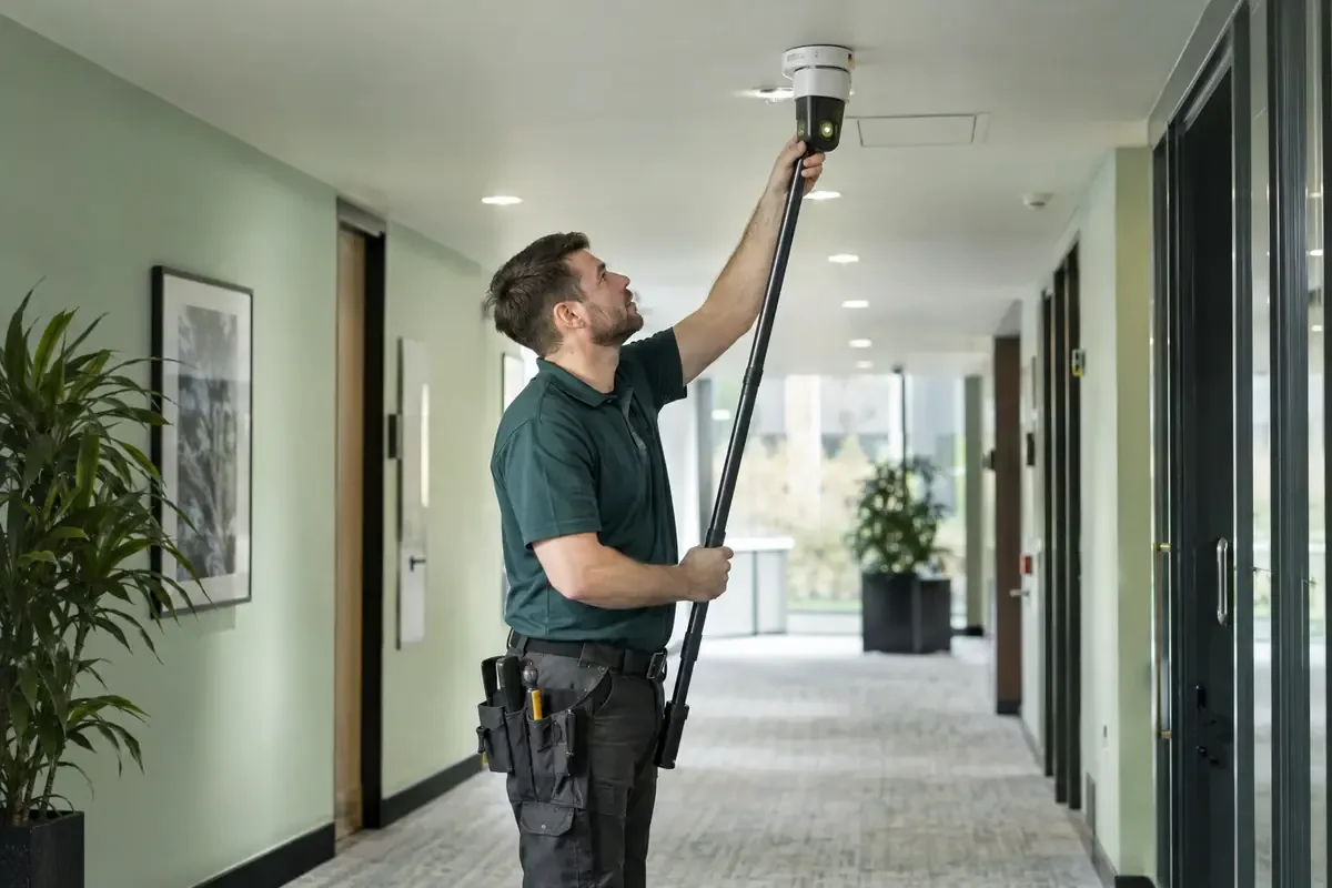 Fire Safety Engineer Testing Ceiling Detector