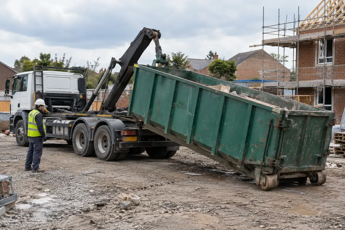 Hook-loader truck lifting a long roll-on roll-off steel waste container at a building site.