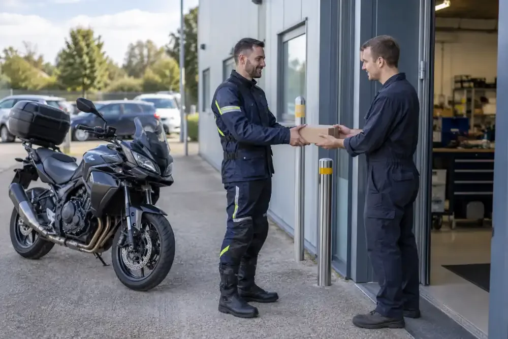 a motorcycle courier preparing or handing over a suitable consignment