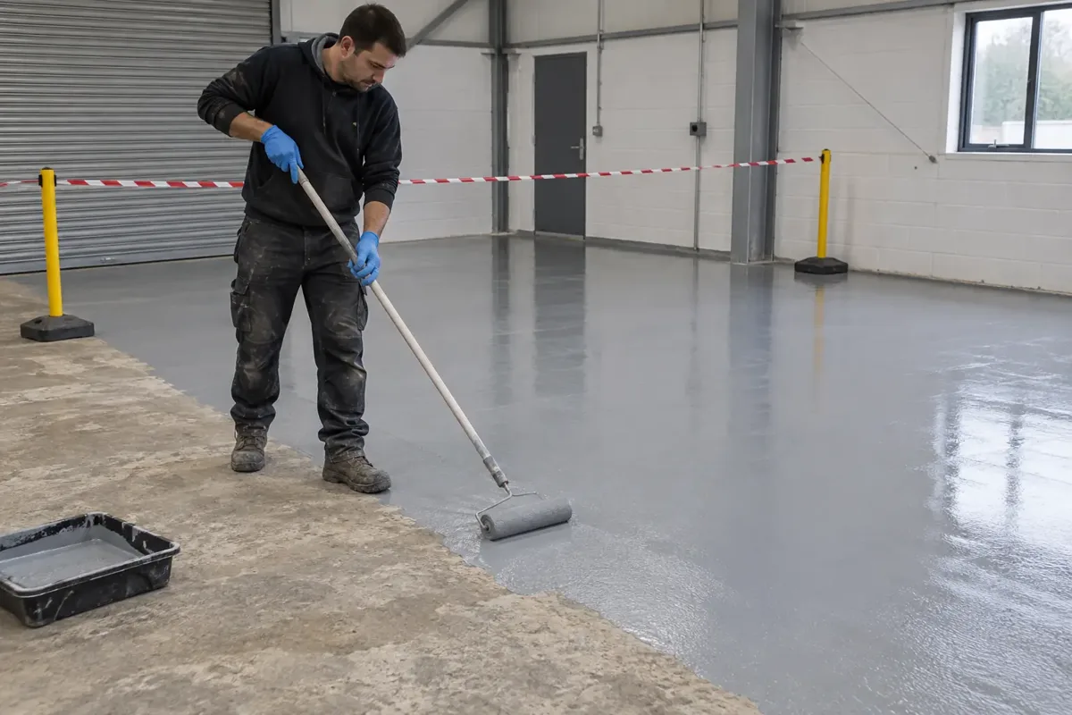 A contractor using a long handled roller to apply a smooth grey floor coating to a prepared concrete workshop floor, wet edge and uncoated area clearly visible, gloves and safety boots, cordoned empty workspace and paint tray.