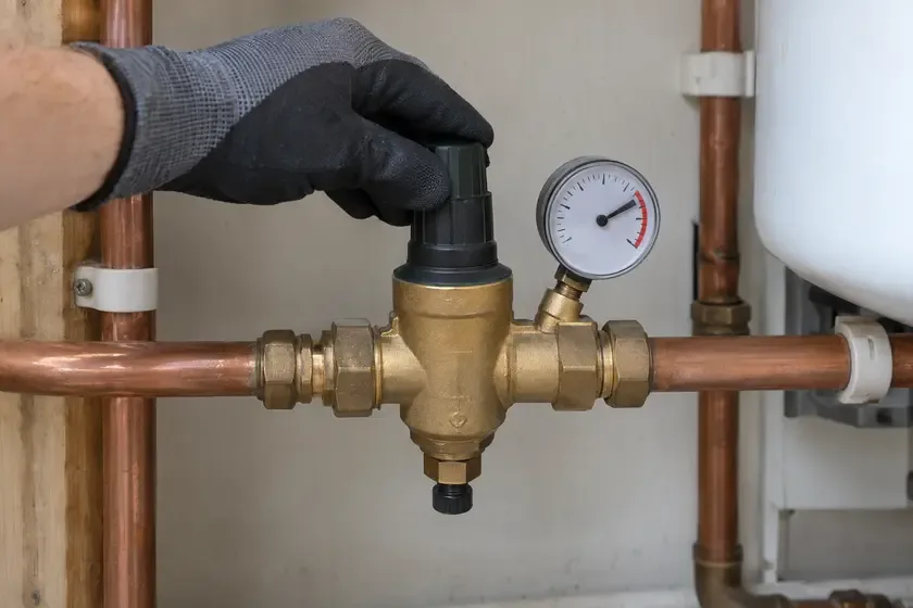 Plumber adjusting a pressure reducing valve beside a high-reading gauge.