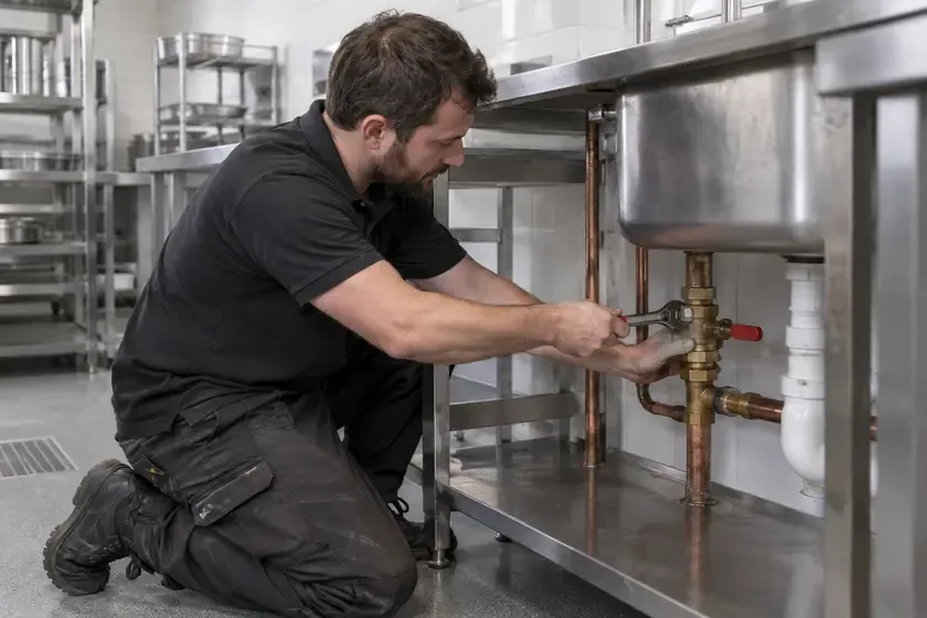 Commercial plumber servicing water pipework beneath a stainless-steel sink.