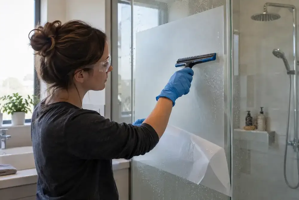 Bright bathroom renovation: woman applying uniform frosted matte privacy film to a tall existing glass panel, wet squeegee and backing liner partly peeled, softly blurred shower beyond, close side view.