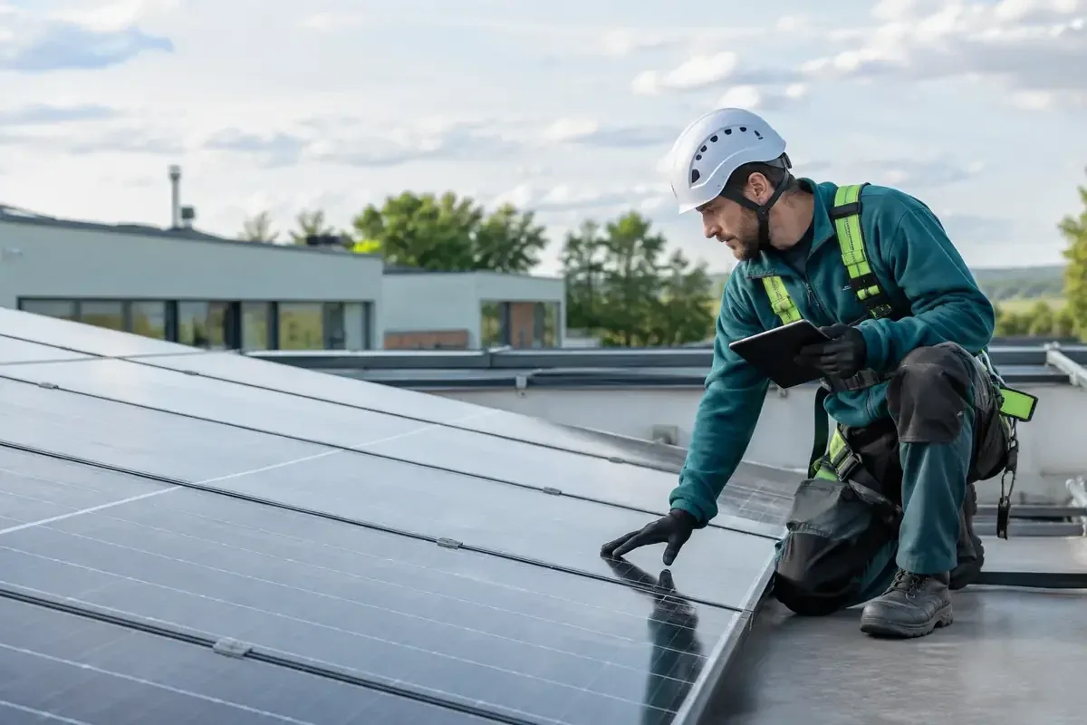 Solar technician inspecting rooftop panels