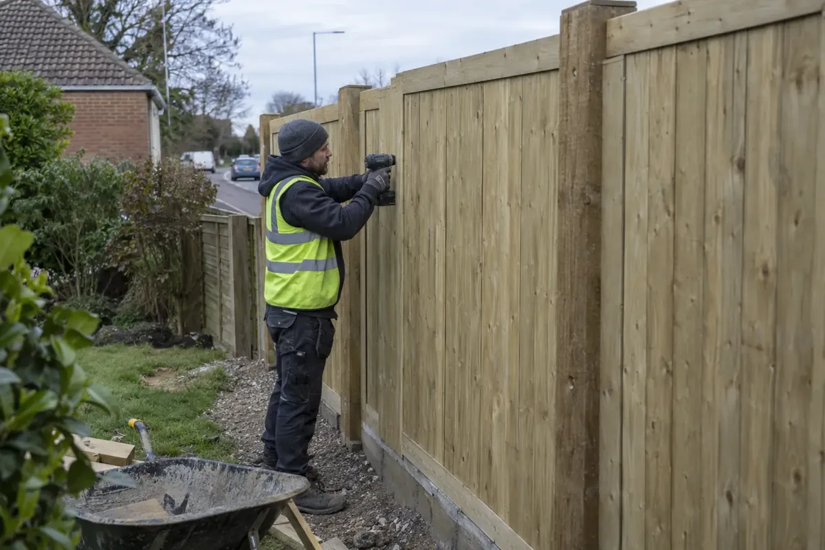Installer fitting a substantial continuous timber acoustic barrier beside a residential garden near a road, thick tightly joined vertical boards with overlapping sealed junctions and heavy support posts, no gaps.