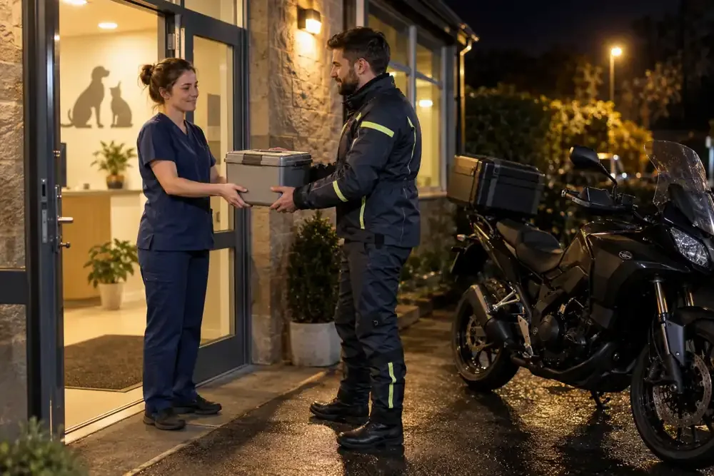 a motorcycle courier preparing or handing over a suitable consignment