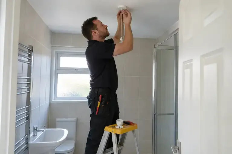 Pull cord switch replacement: a professional electrician assessing or carrying out the electrical work.