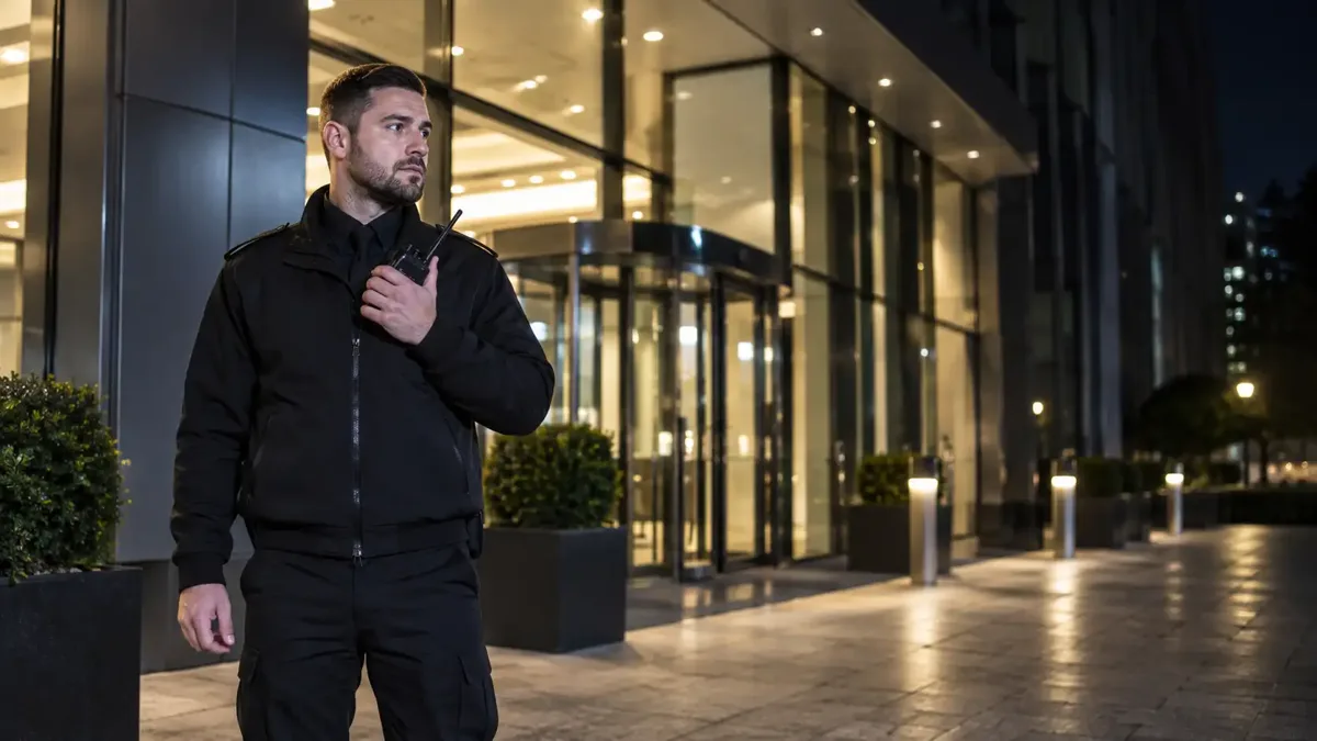 Nighttime security guard at a lit entrance
