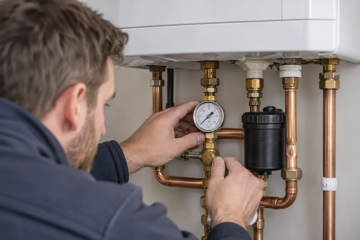 Engineer inspecting an analogue gauge beneath a boiler