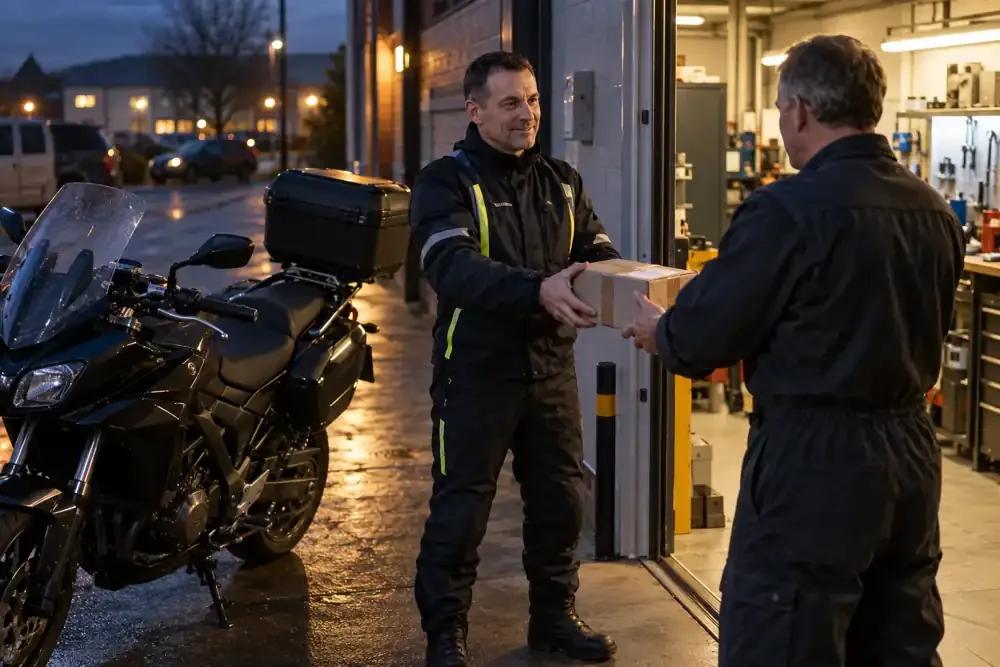 a motorcycle courier preparing or handing over a suitable consignment