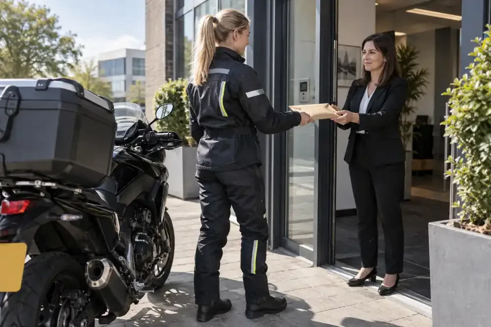 a motorcycle courier preparing or handing over a suitable consignment