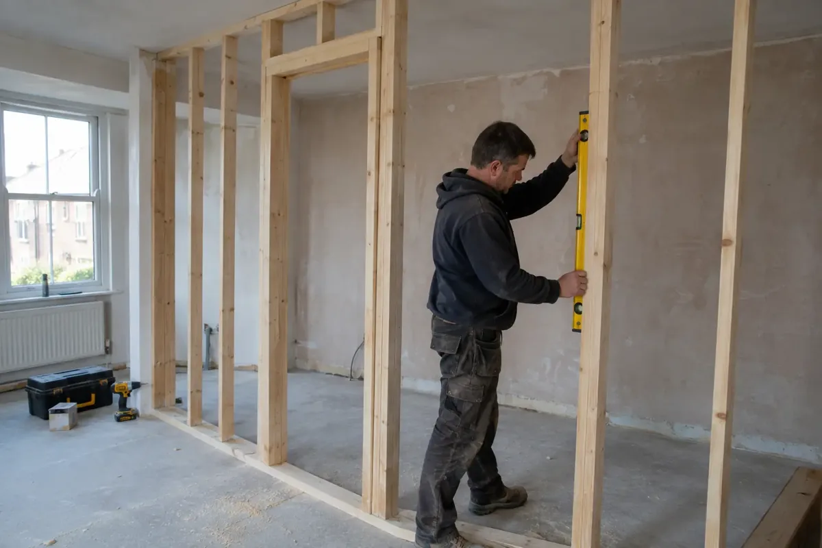 Carpenter aligning vertical timber studs in a new internal partition wall with a planned framed door opening, spirit level held against stud, bare timber frame and sill plate clearly visible in unfinished room.