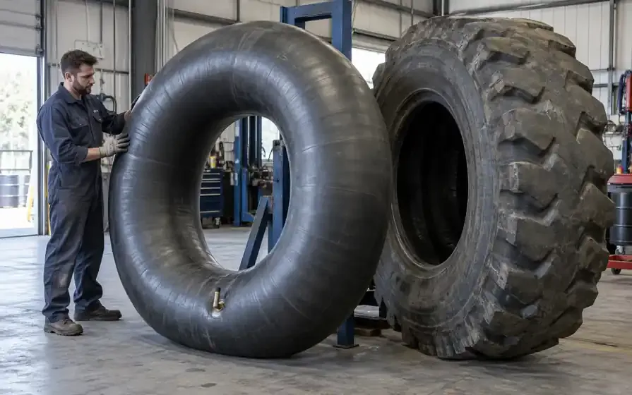 Large OTR inner tube beside a demounted deep-tread loader tyre in a workshop.