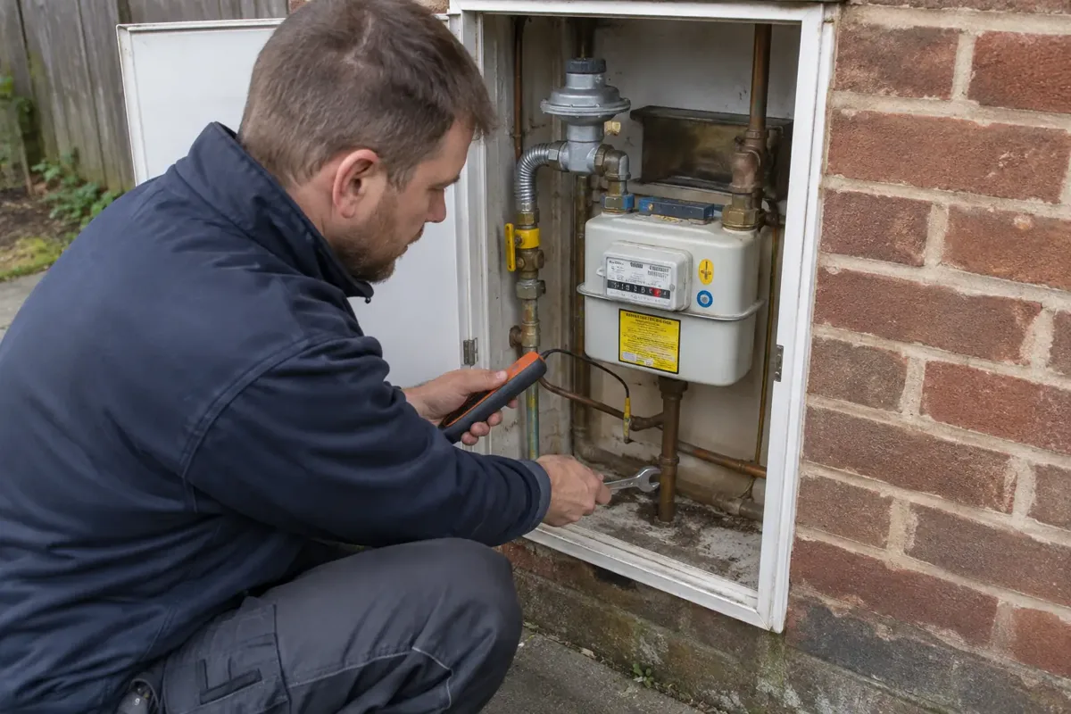 Qualified-looking gas engineer in plain workwear checking accessible consumer-side copper pipe joints beneath a domestic gas meter in an open external meter cupboard, handheld gas detector probe and small spanner visible; supply isolated, calm safe post-emergency inspection, no flame or badges.