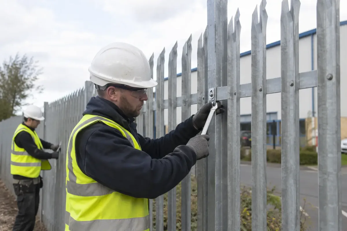 Installers in PPE fastening tall galvanized steel palisade security fence sections with pointed vertical pales to metal posts outside a light industrial business site, hand spanner, safe ground-level work.