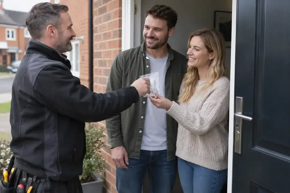 New homeowners receiving sealed new keys from locksmith beside front door.