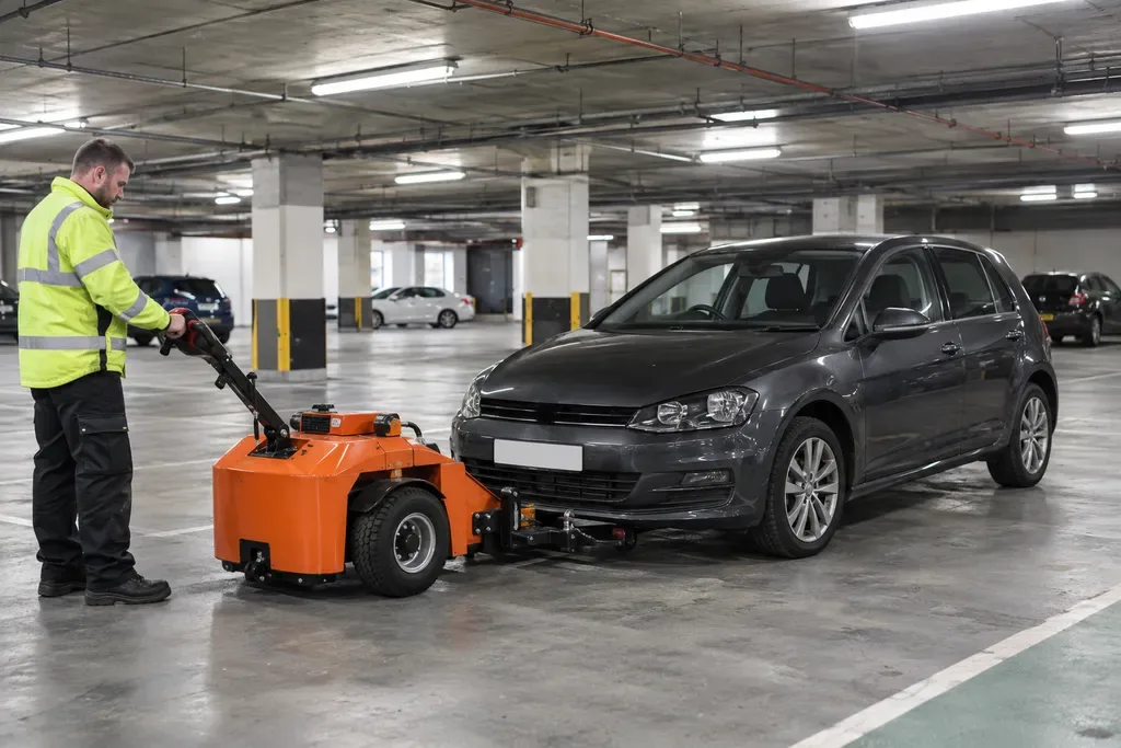 Compact recovery tug beside a broken-down car in an underground car park