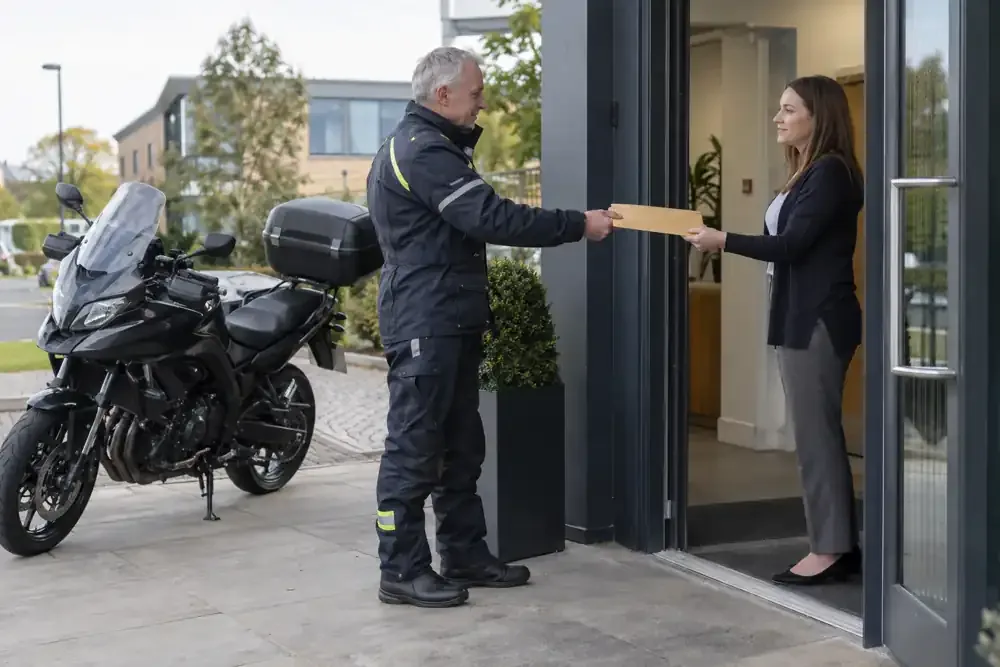 a motorcycle courier preparing or handing over a suitable consignment