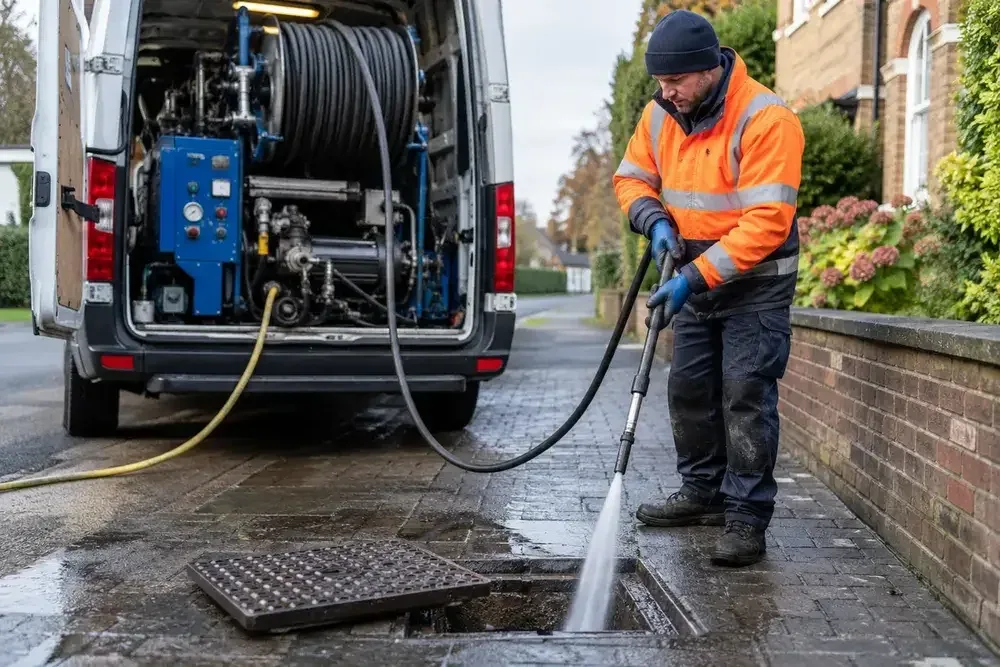 Operator pressure washing the surface around an open drain grate