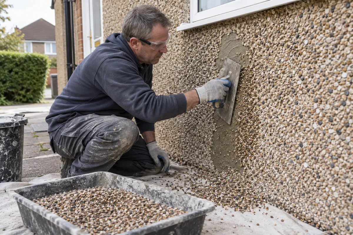 A renderer making a small pebble-dash exterior wall repair, embedding small stone aggregate into fresh mortar beside an existing matching coarse aggregate finish; broad float, aggregate tray, gloves, eye protection, ground-level work.