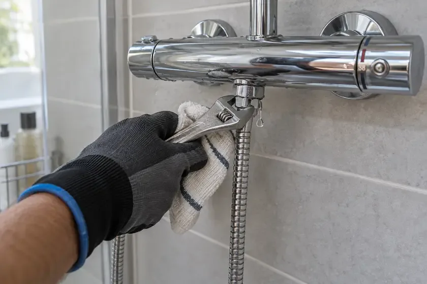 Plumber repairing a leaking hose connection on a thermostatic shower bar.