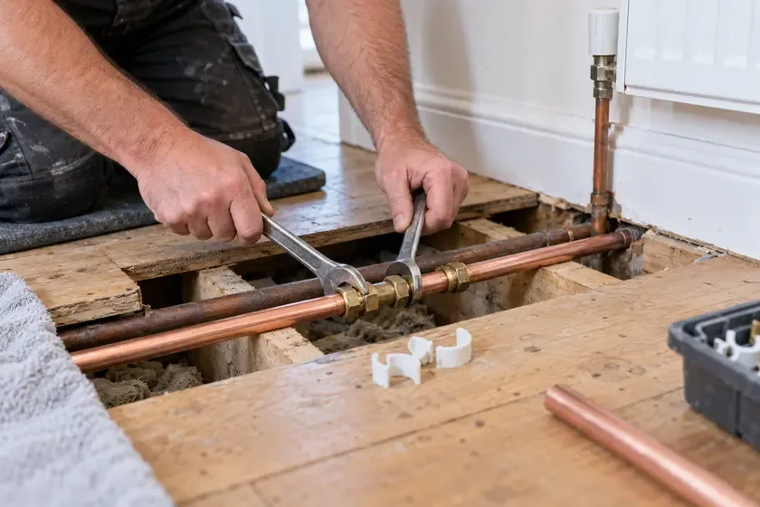 Plumber repairing copper heating pipework below lifted floorboards.