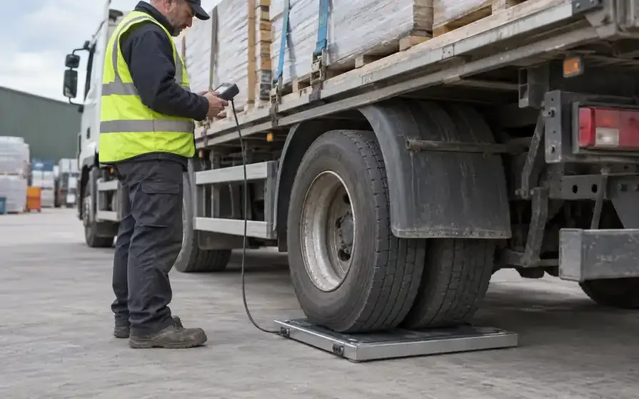 Truck rear twin tyres on a portable weighing pad while a technician checks the load reader.