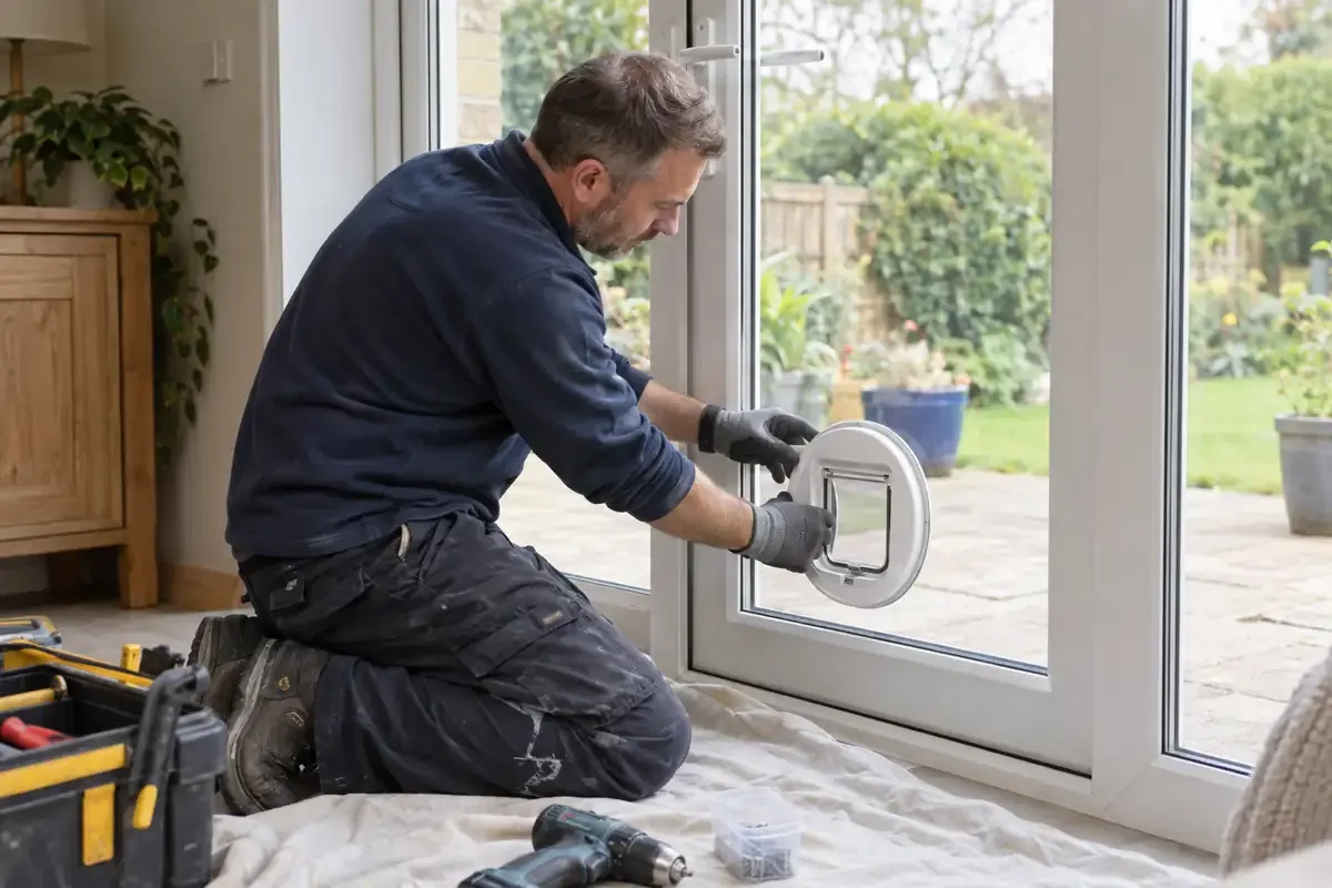 Glazier fitting a cat flap into a prepared opening in a glazed patio door