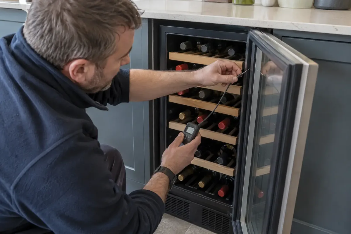 Technician inspecting the door seal of an unmistakable glass-fronted undercounter wine cooler filled with horizontally racked wine bottles. Open glass door, small temperature probe, kitchen cabinet setting.
