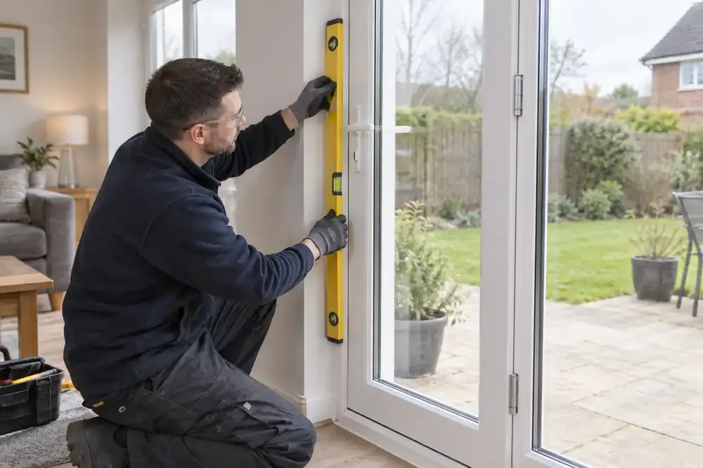 Routine scheduled maintenance in a bright home: a professional installer checks the vertical alignment of a fully installed white patio door with a long spirit level, visible hinges and an even gap around the frame, simple medium-wide photograph.
