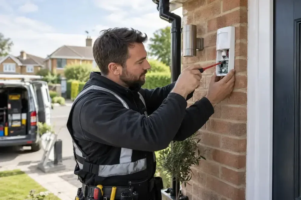 Alarm technician working on an external alarm bell box