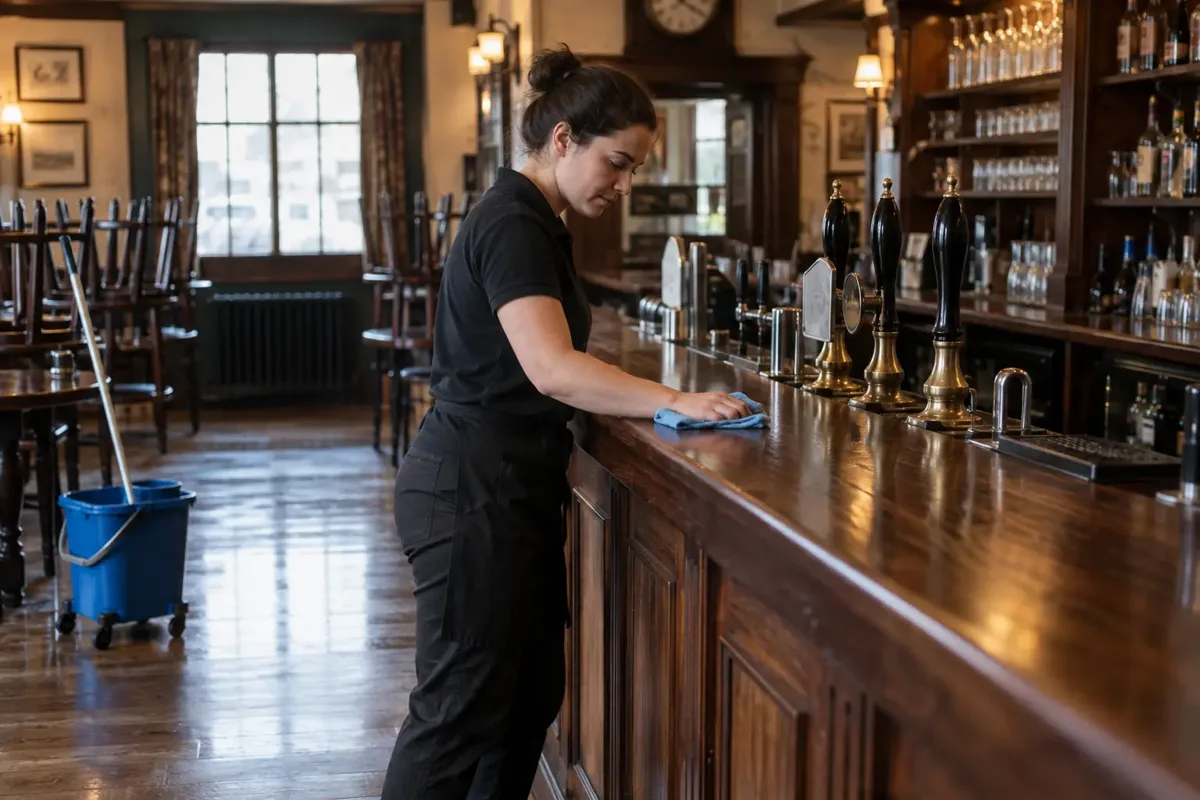 Cleaner polishing a wooden bar counter in a closed traditional UK pub while a mop bucket and freshly cleaned floor sit nearby. Empty stools, unbranded taps and shelves, no readable bottle labels.