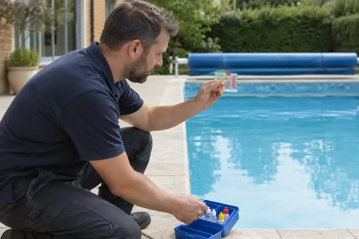 Professional pool technician testing water quality
