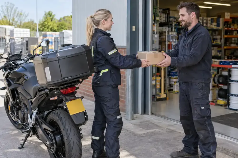 a motorcycle courier preparing or handing over a suitable consignment