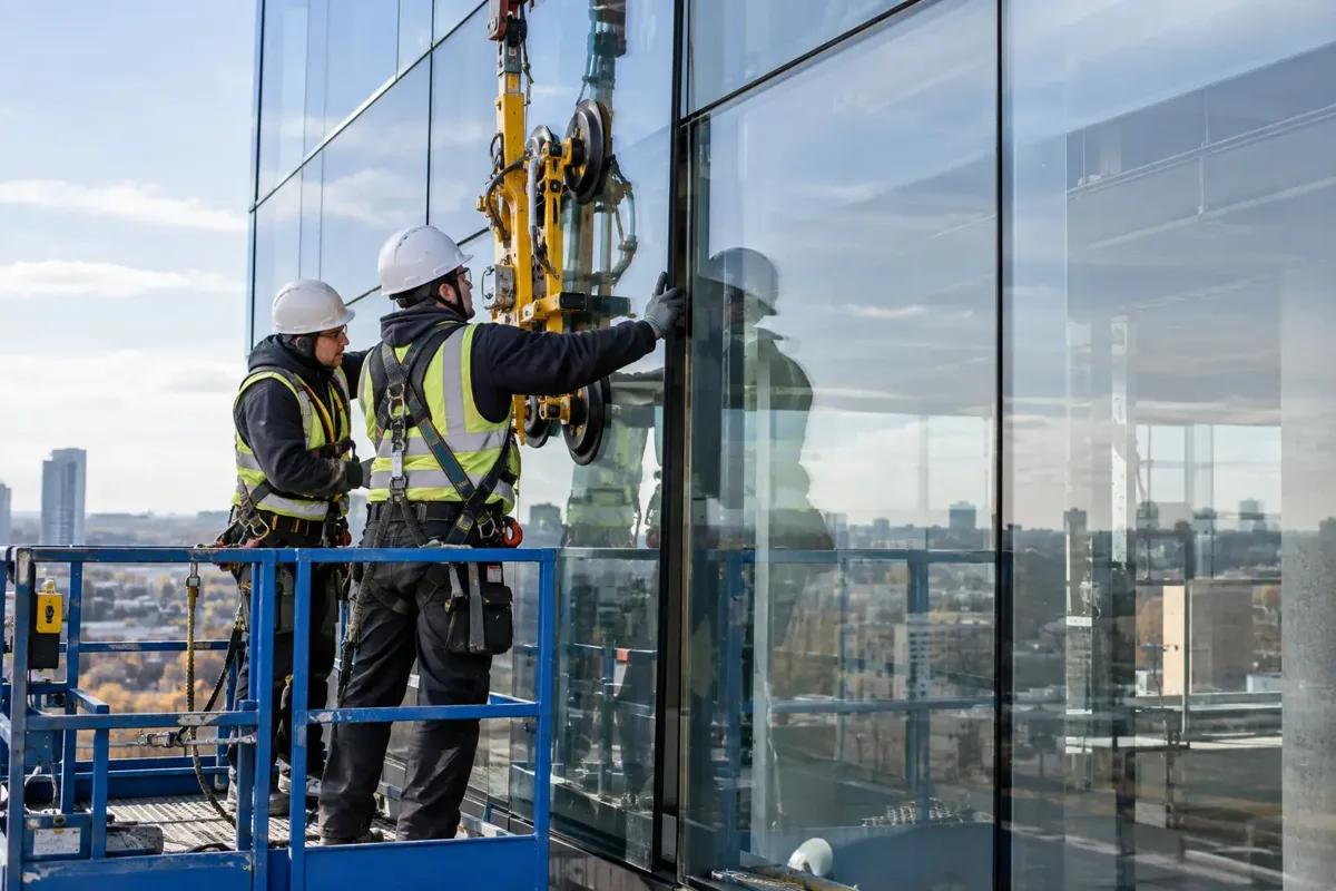 Structural glazing panel installation on a commercial facade