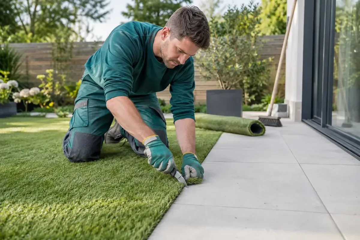Installer trimming artificial turf along a patio edge