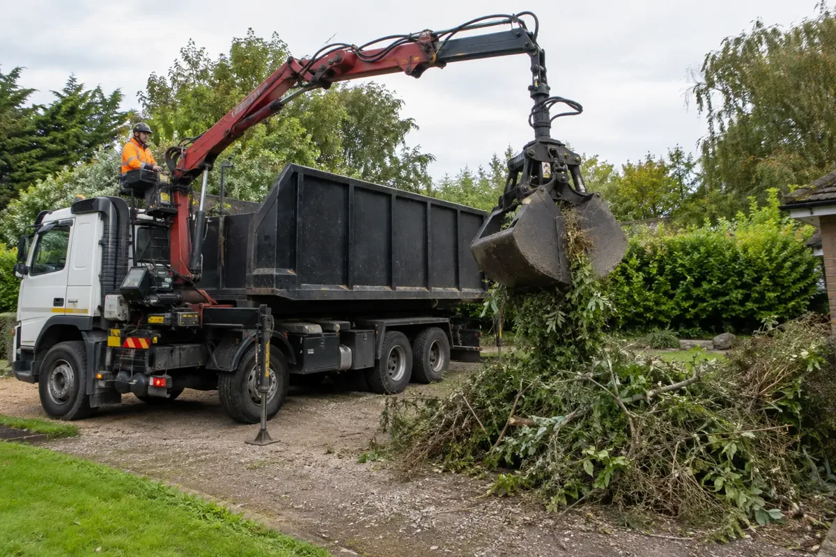Grab lorry using hydraulic clamshell bucket to collect a neatly segregated pile of fresh branches, hedge cuttings and leaves from a garden landscaping site; only green waste, deployed stabilisers, no people under boom.